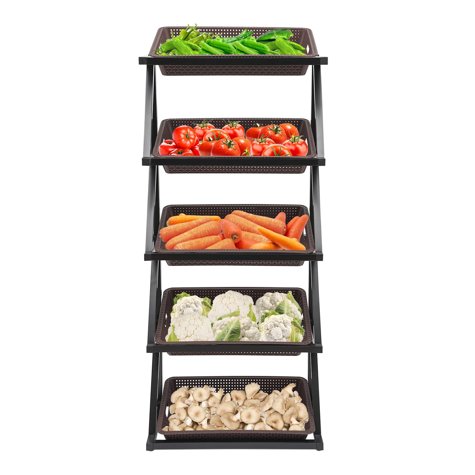 Scaffale portafrutta e Verdura per supermercati Commerciali a 5 Ripiani, espositore per Vendita al Dettaglio a Fila Singola con 5 cestini, Set di cestini per Snack 25,6'' × 13,8''