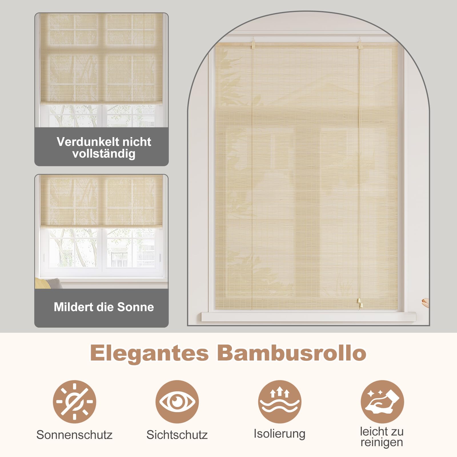 WOLTU Tenda a Rullo in Bambù, Protezione Solare, Protezione della Privacy, Oscurante da Interno a Rullo per Finestra/Porta, Tenda di Ventilazione, Naturale, 100x220 cm