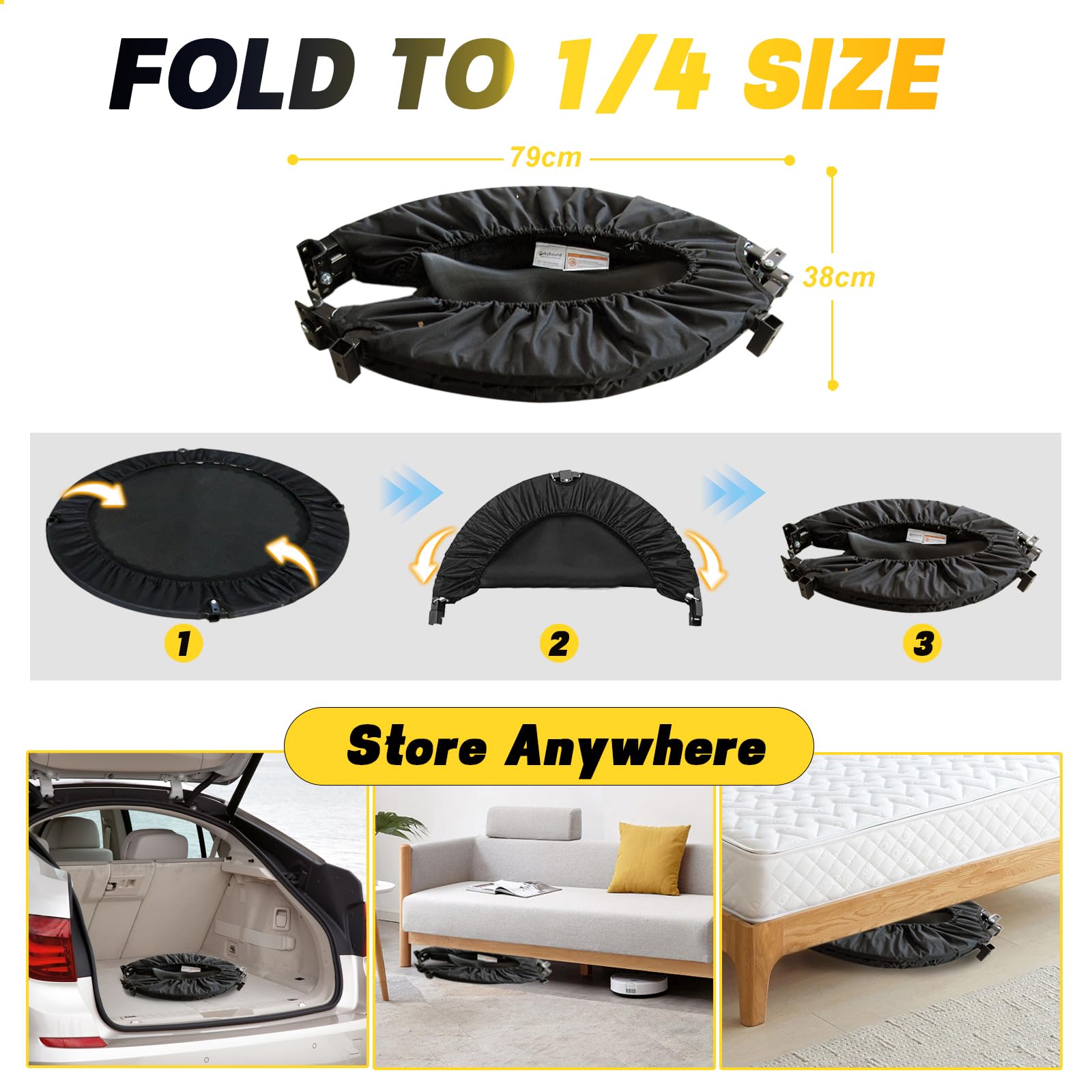 Trampolina fitness, składana, 101 cm, z uchwytem mocującym – mini trampolina dla dorosłych, uchwyt N, 36 sprężyn i 6 nóg – stabilna trampolina do domu i kardio – czarna