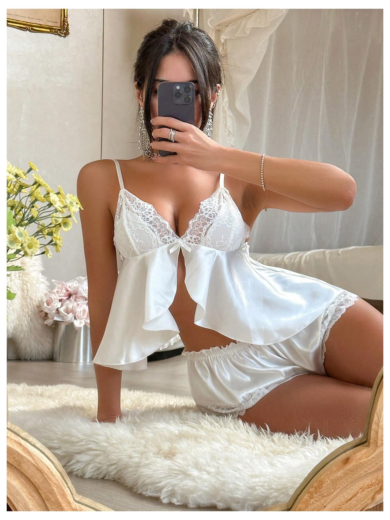 Women's 2 Piece Lingerie Set Floral Lace Tie Back Satin Bow Front Lingerie Pajama Set Sleepwear