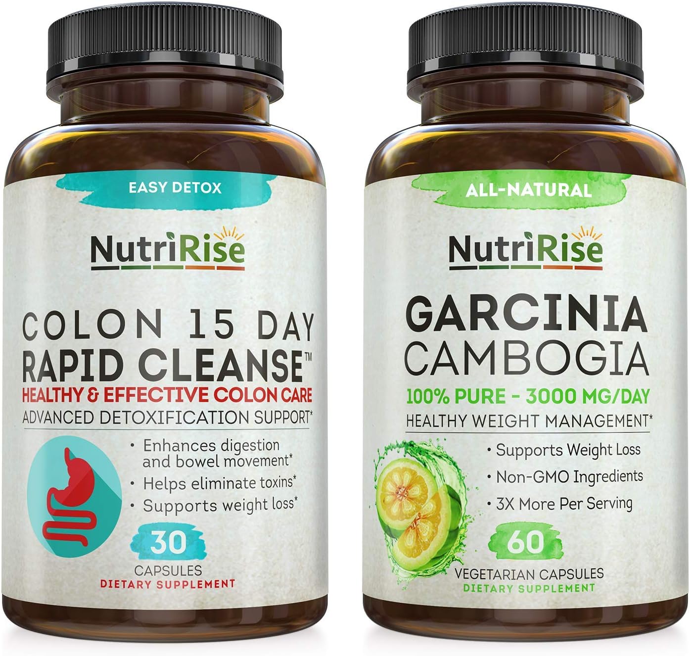 NutriRiseColon Cleanse + Garcinia Cambogia, Cleansing & Weight Management Support Bundle, Gluten Free, Natural Appetite Support and Gentle Cleanser for Women & Men with Probiotics & MCT Oil