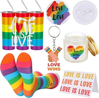 Patelai 6 Pcs Lgbtq Pride Gifts Gay Pride Party Favors Gifts Include Love Is Love 20oz Stainless Steel Tumbler Heart Scented Candle Rainbow Greeting Card Keychain Socks for Gay Parades Decorations