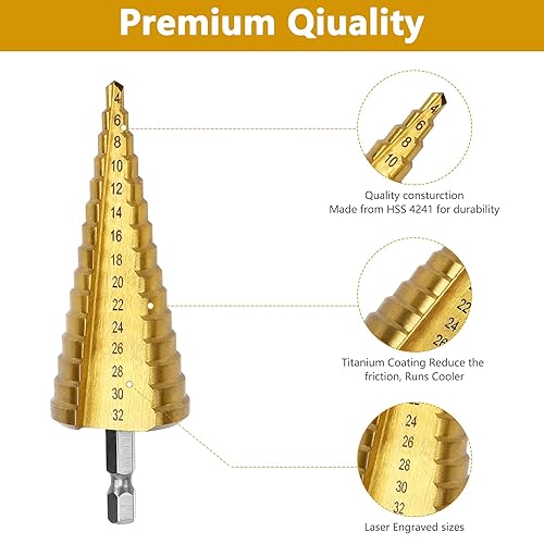 Miniatura 6 de Broca escalonada de 15 tamaños, 0.157 in - 1.260 in (316 a 1-14 pulgadas) con revestimiento de titanio, brocas multipaso para perforación de