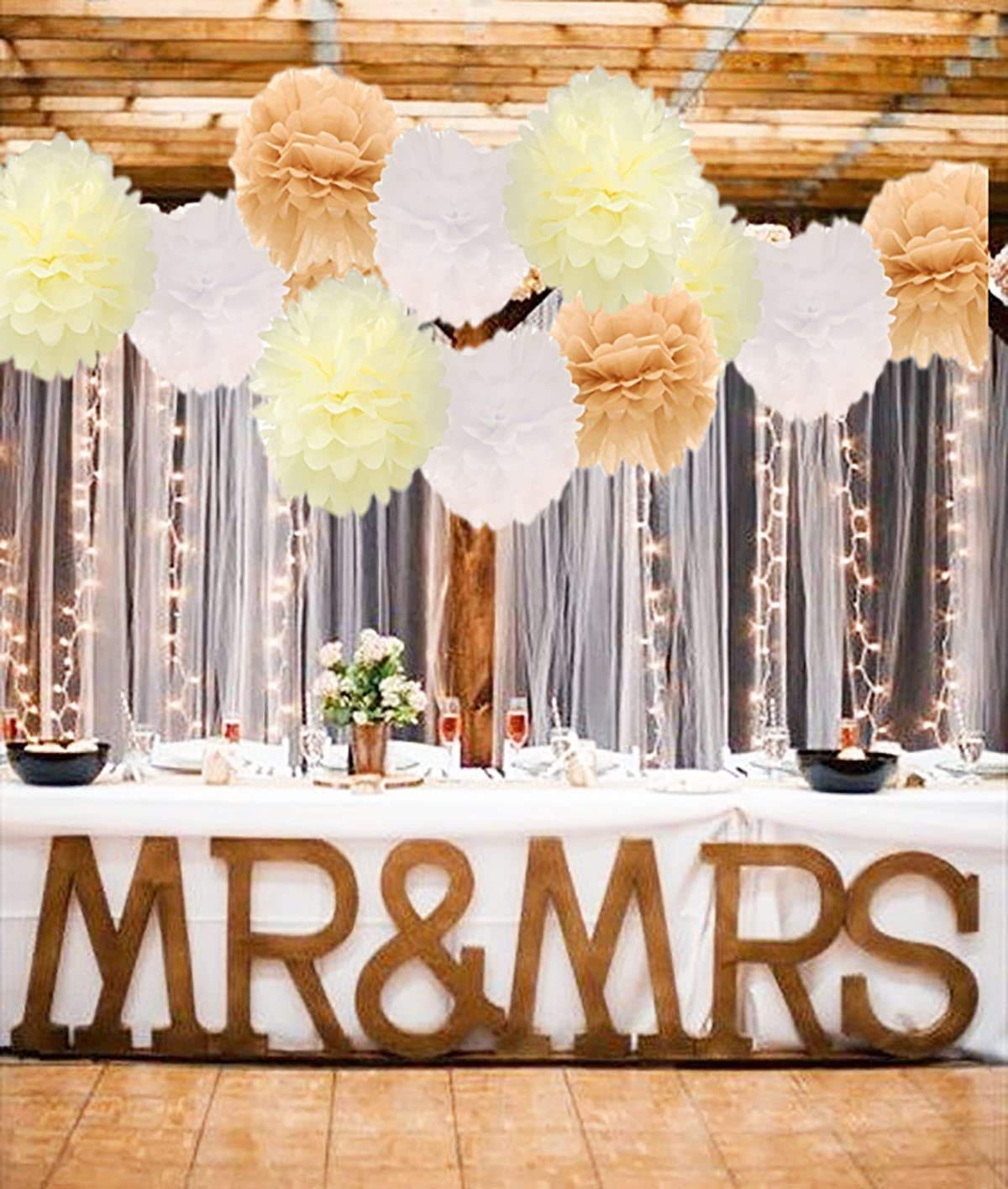 16PCS Kraft Tan Brown Cream White Tissue White Party Tissue Paper Pom Poms Paper Lantern Party Streamer Bunting Banner Backdrop for Rustic Baby Shower Burlap Outdoor Wedding Bridal Shower Nursery Deco