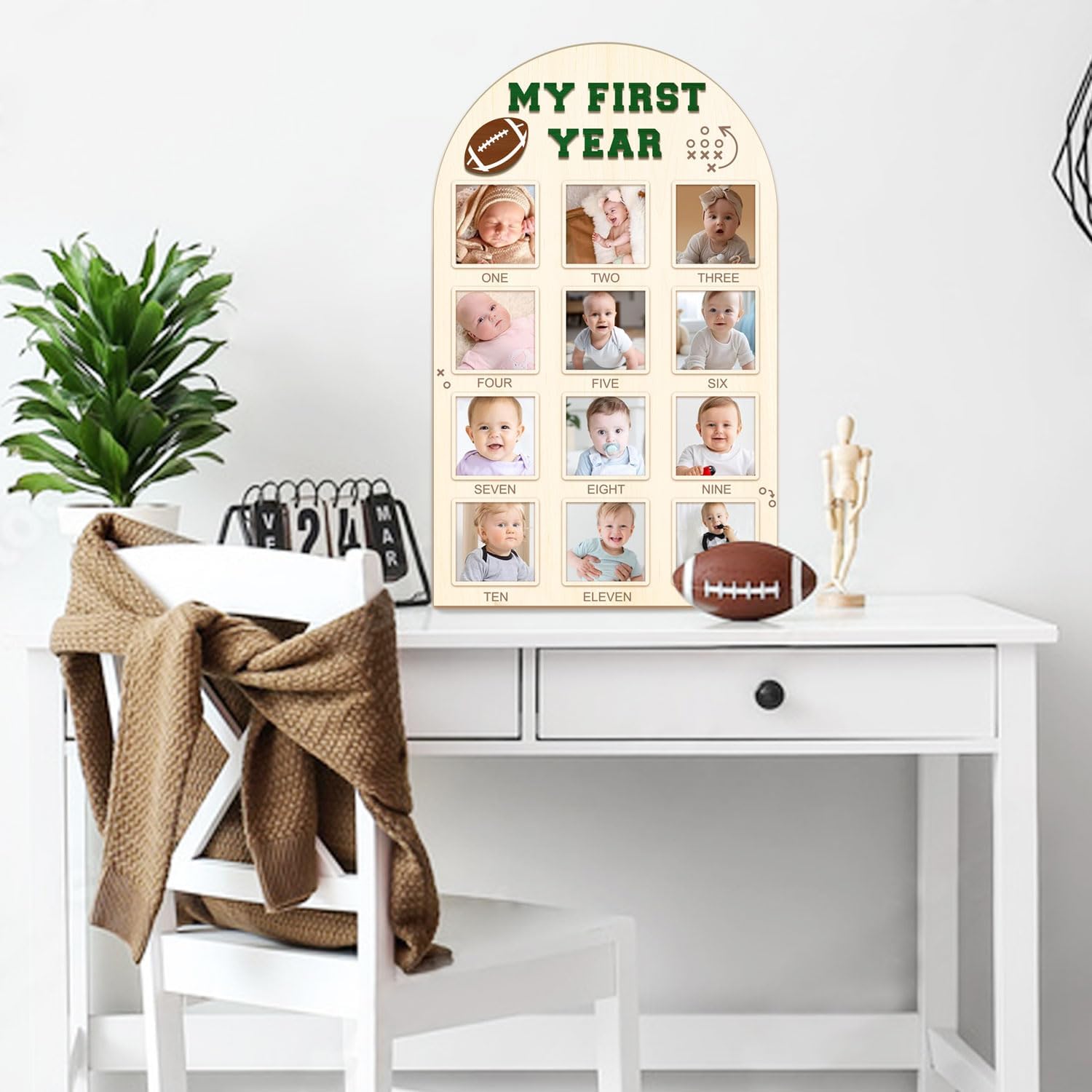 My First Year Photo Board - Baby's First Year Photo Frame 12 Months Milestone Board Football Photo Display Wood Board 1st Birthday Picture Frame Decorations (fits 4" x 4" photo)