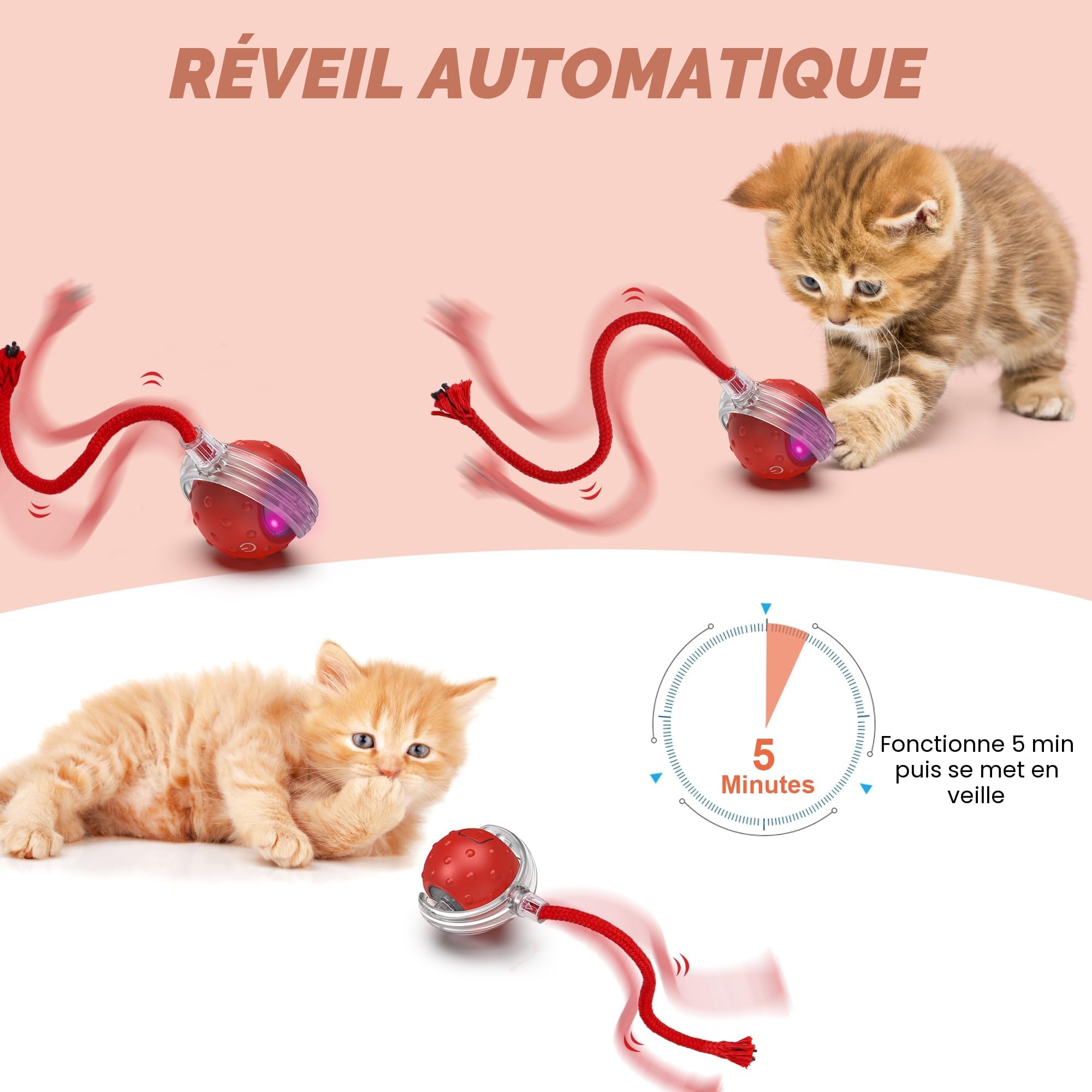 IOKHEIRA Jouet interactif pour Chat - Boule électrique Automatique Rechargeable, Mouvement irrégulier, stimule l'instinct de Chasse, pour Chats d'intérieur Adultes, Compatible sols et moquettes.