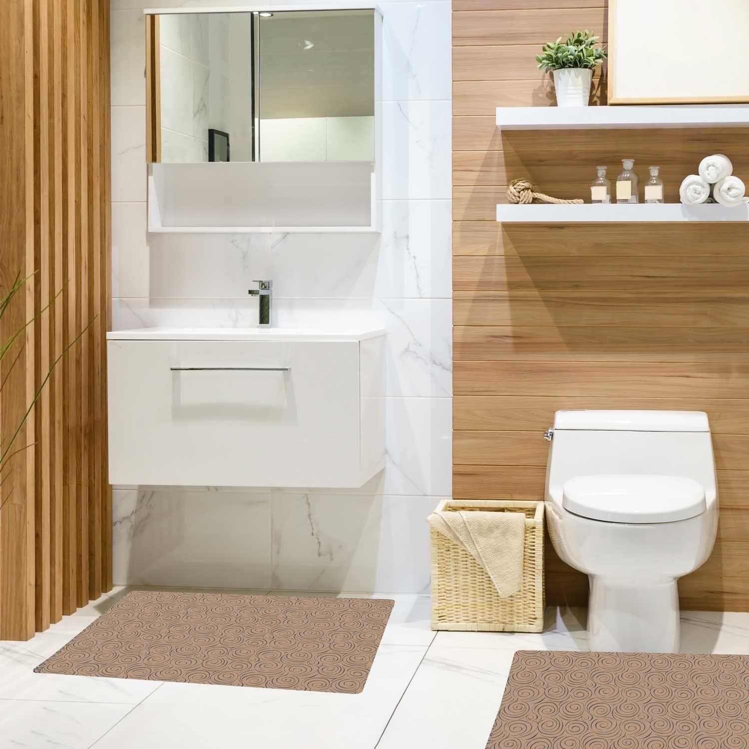 Shape28 Bathroom Set of 3 Mats Bathtub Shower 28x20 Inches Vanity 24x18 Inches Toilet 20x16 Inches Microfiber None Slip in Cappuccino Color Design 4T