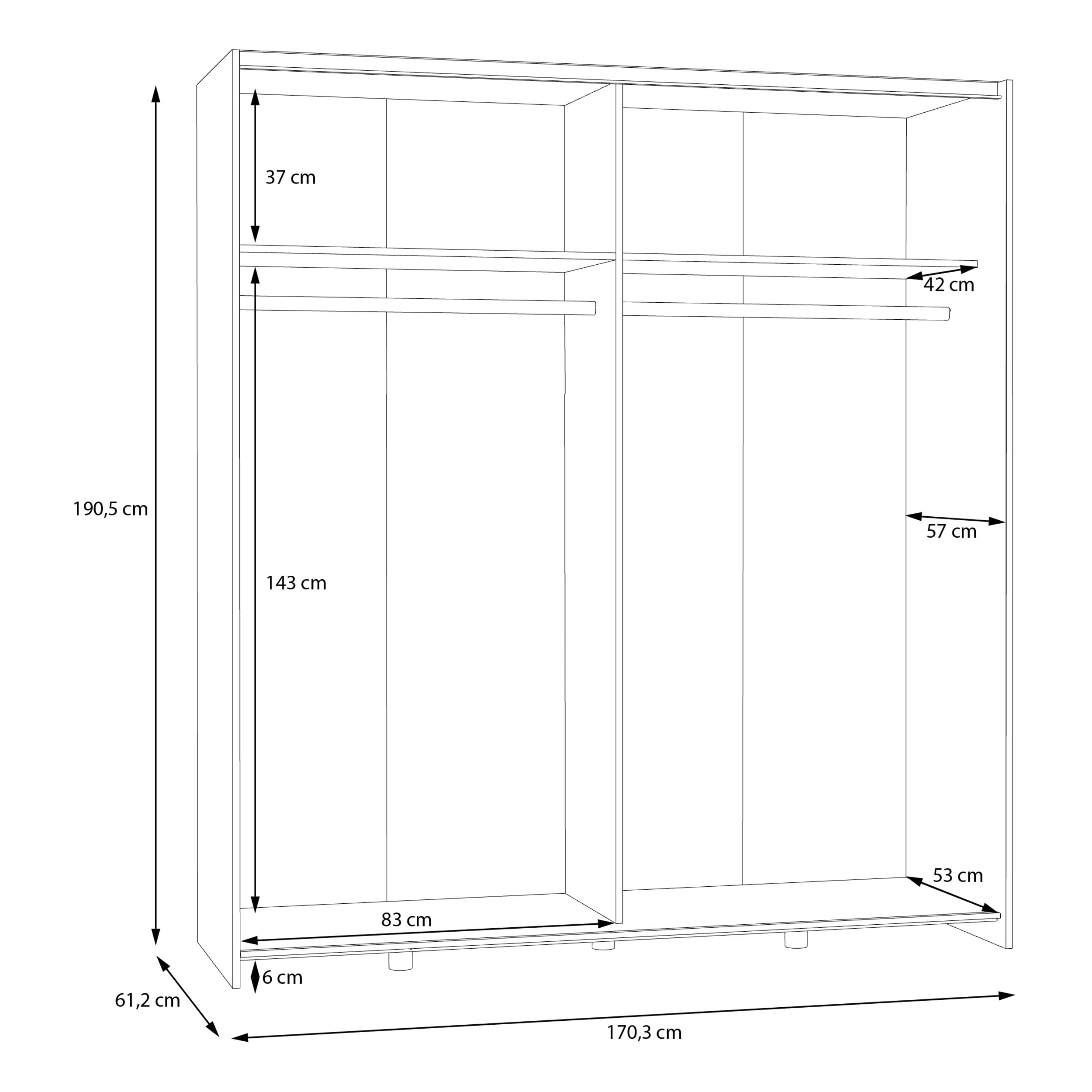 Forte URBANLINE Kleiderschrank 170, moderner Schwebetürenschrank, 2-türig, Schlafzimmer, Holzwerkstoff, Weiß mit Artisan Eiche Holzdekor, 170,3 cm breit x 190,5 cm hoch x 61,2 cm tief