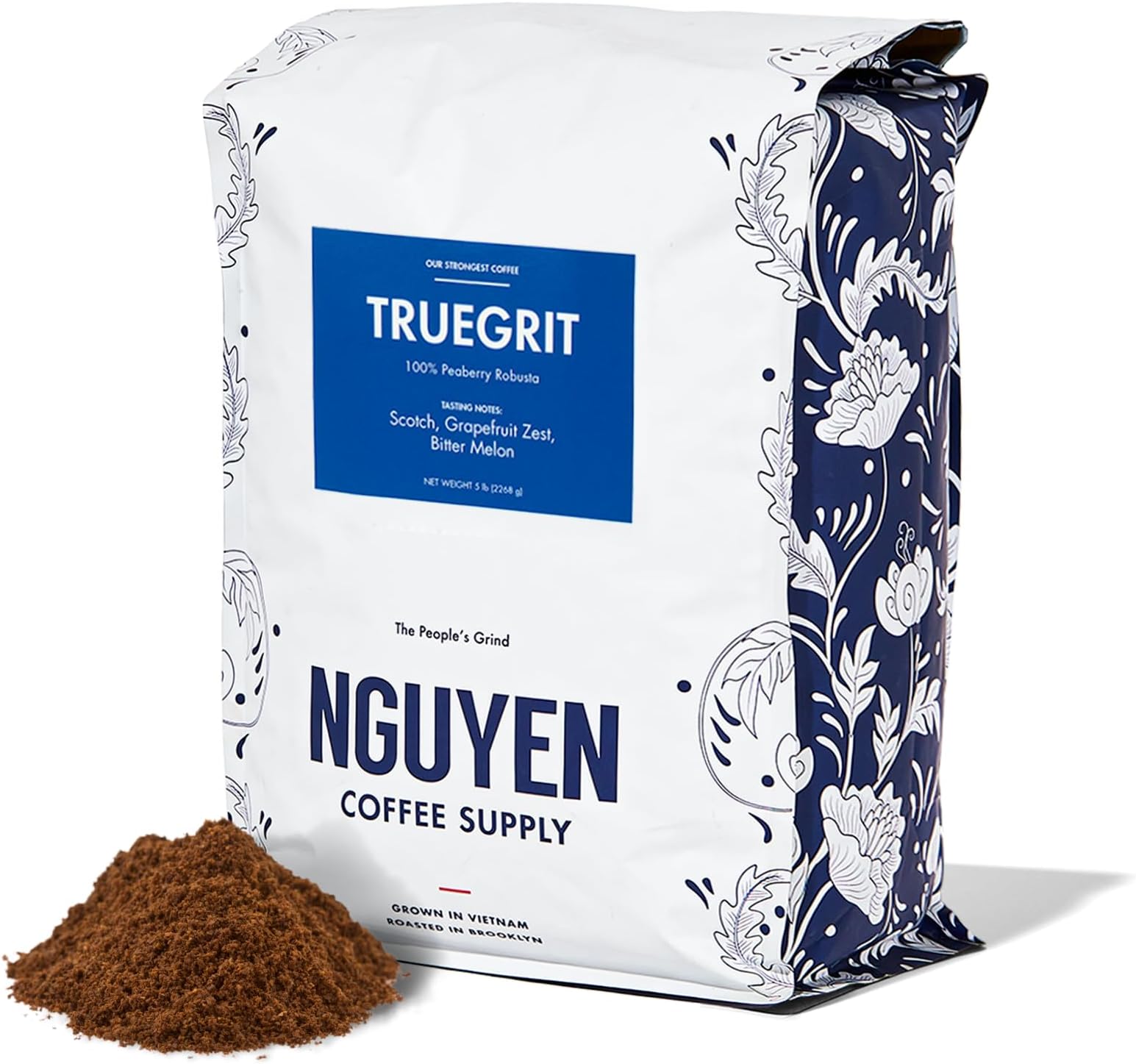 Truegrit Robusta: Medium Roast Ground Coffee Beans, Vietnamese Single Origin, Direct Trade, Low Acid with High Caffeine Content, Roasted in Brooklyn [5 Ib Bag]