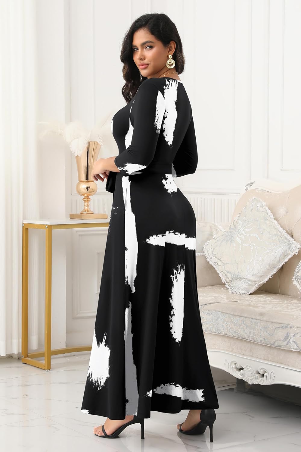 FANDEE Maxi Dress for Women 2026, Long Casual Empire Waist Dresses 3/4 Sleeve Round Neck with Belt - Image 5
