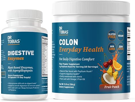 Dr. Tobias Digestive Enzymes with Amylase, Bromelain & 18 Plant-Based Enzymes + Colon Everyday Health Fruit Punch Digestive Enzyme Capsules & 4g Psyllium Fiber Drink for Daily Gut Function