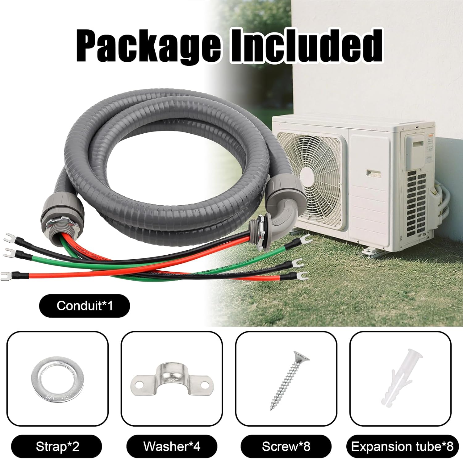 1/2 Inch AC Whip Assembly Kit 6 FT with Terminal, Non-Metallic Liquid Tight Electrical Conduit with 10/3 Gauge THHN Wire for Heater, Air Conditioner, Timer, Mini Split System