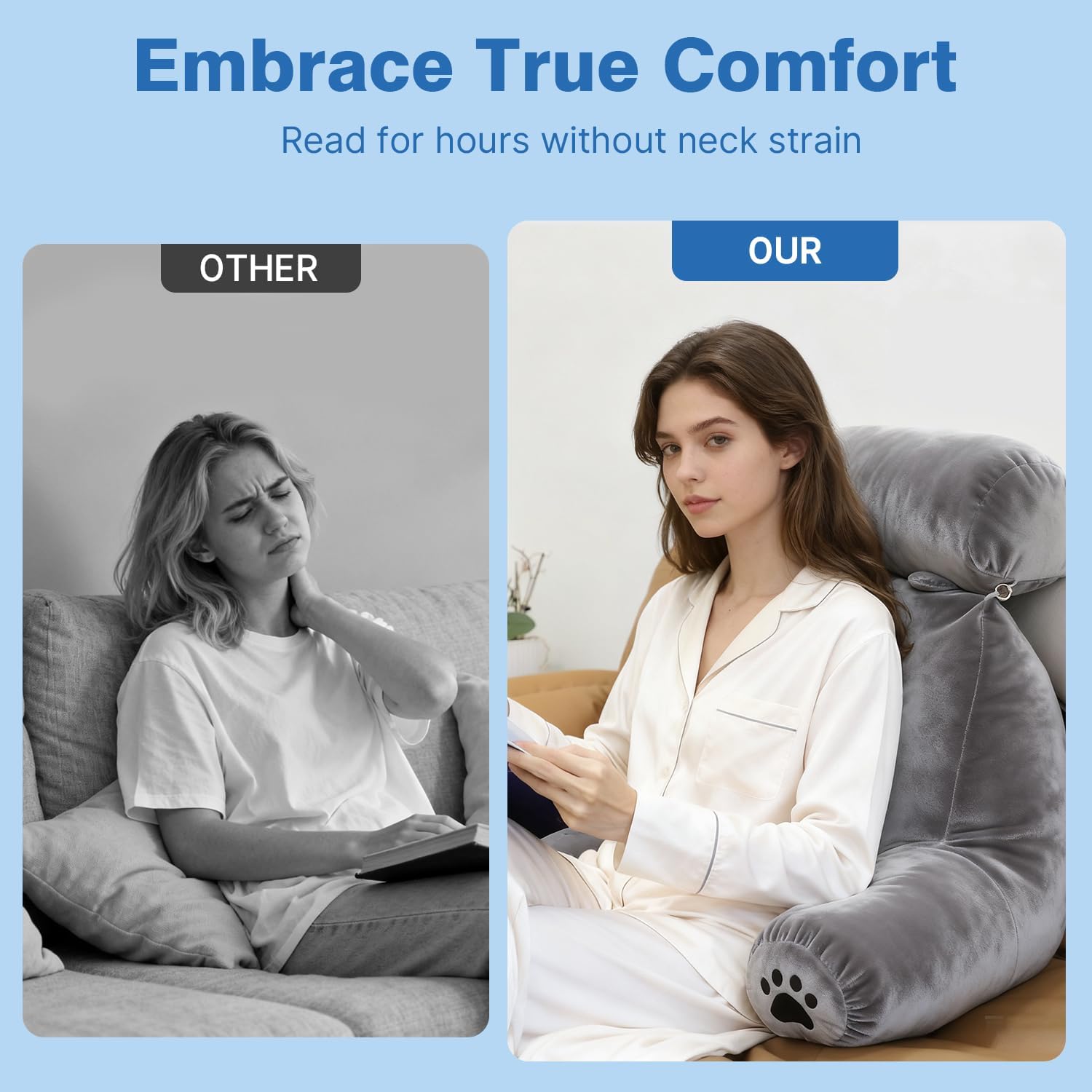 Reading Pillow Plus, Crystal Velvet Back Pillow Bed Sitting Up for Adult & Children, Back Rest Pillow Support for Reading & Rest Bed, Add Height and Removable Pillows, Perfect Valentine's gift, Grey - Image 6