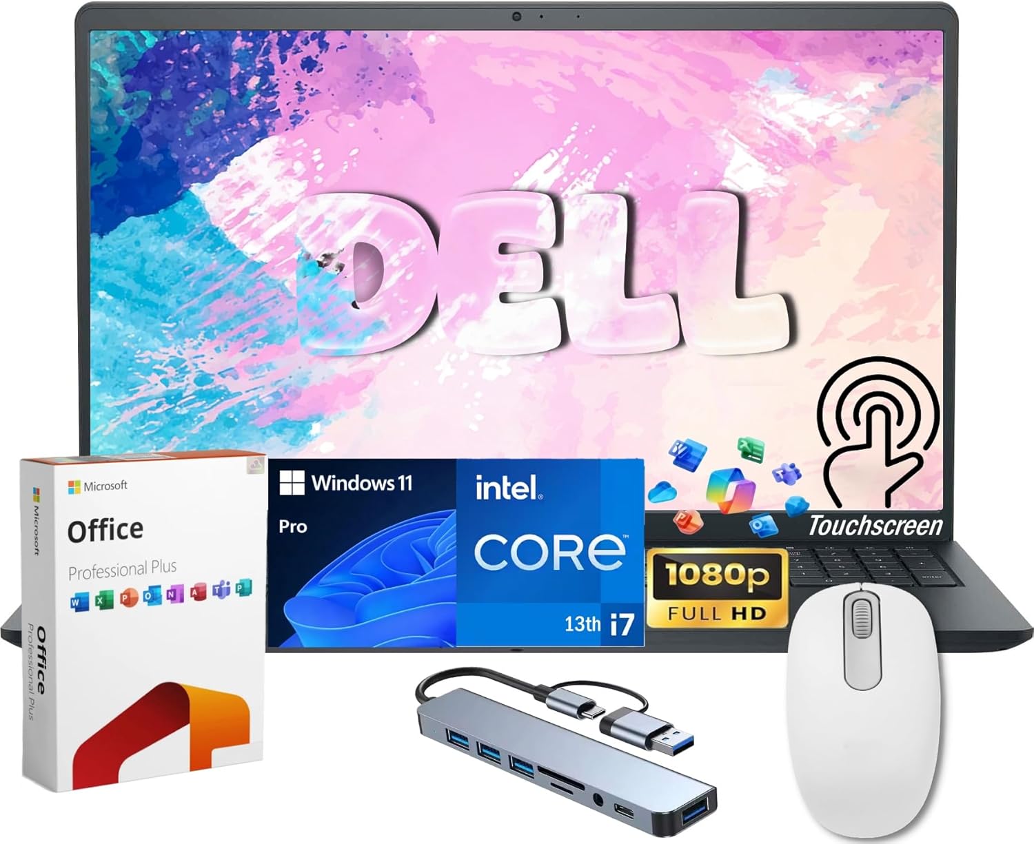 Dell Inspiron 15 FHD Touchscreen Laptop, 13th Intel Core i7 1355U, Free Lifetime MS Office, 32GB RAM, 1TB SSD, 8 in 1 HUB+Mouse, 15.6" Business & Student Laptop Computer, Windows 11 Pro