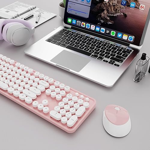 Vista 58 de Combo de teclado y mouse inalámbricos, colorido teclado ergonómico de tamaño completo con diseño retro, silencioso, con teclas bonitas, compatible