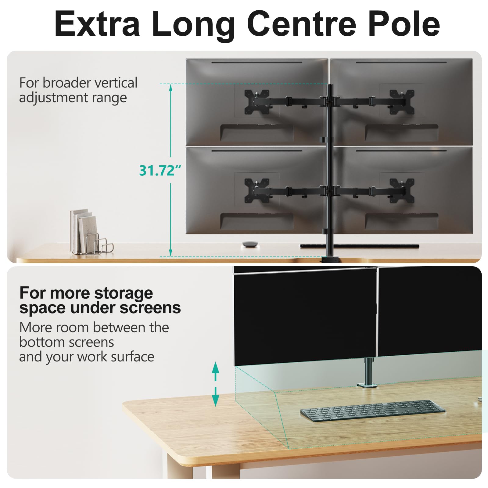 WALI Supporto da scrivania per 4 monitor, adatto a schermi di computer pesanti fino a 27", braccio completamente regolabile per monitor fino a 10 kg per braccio (M004), nero