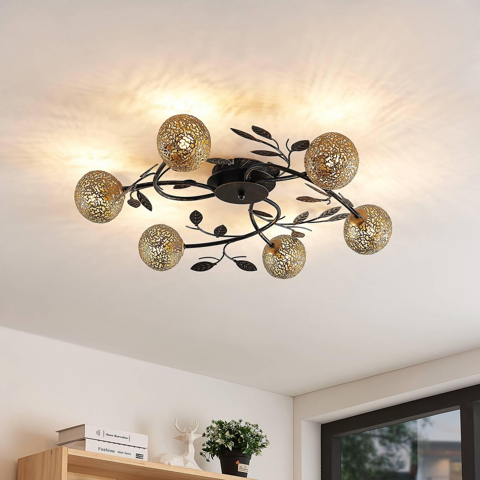 Lucande lámpara de techo en negro, oro, plafón | lámpara de salón, g9, 6 bombillas, florentino para sala de estar, salón, dormitorio, pasillo, comedor
