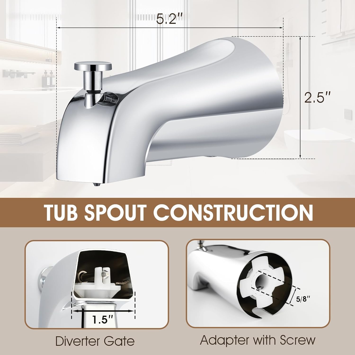 Tub Spout with Diverter,Easy to Install Bathtub Faucet，American Standard Tub Faucet Universal Fits 1/2" Copper Pipe(5/8" Diameter),Chrome