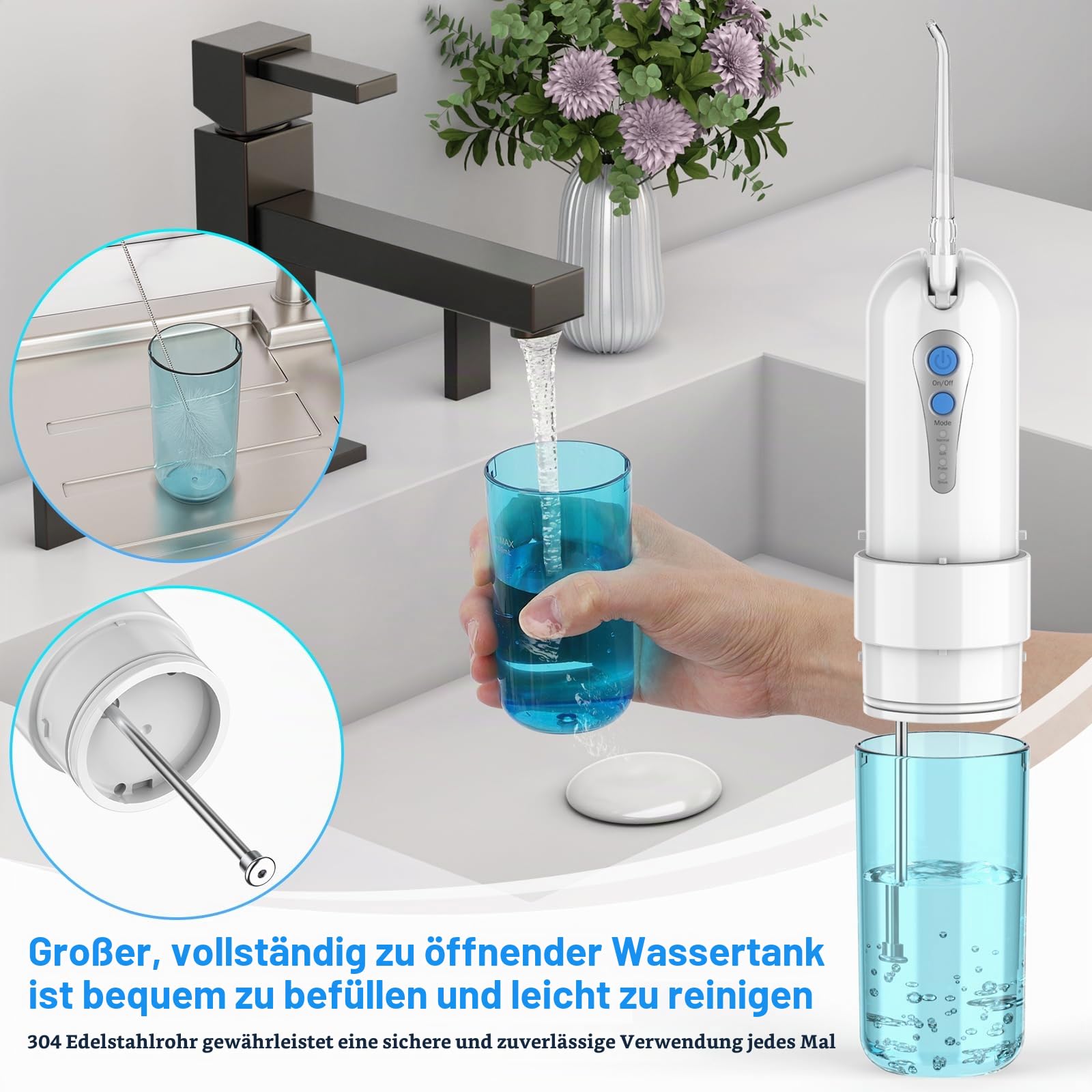 Munddusche Kabellos, Tragbarer Mini-Wasserzahnreinige mit Etui, 4 Modi und 5 um Ersatzdüsen, Elektrische Zahnreinigung, IPX7 Wasserdicht für Zuhause und Reise (Blau/Weiß)