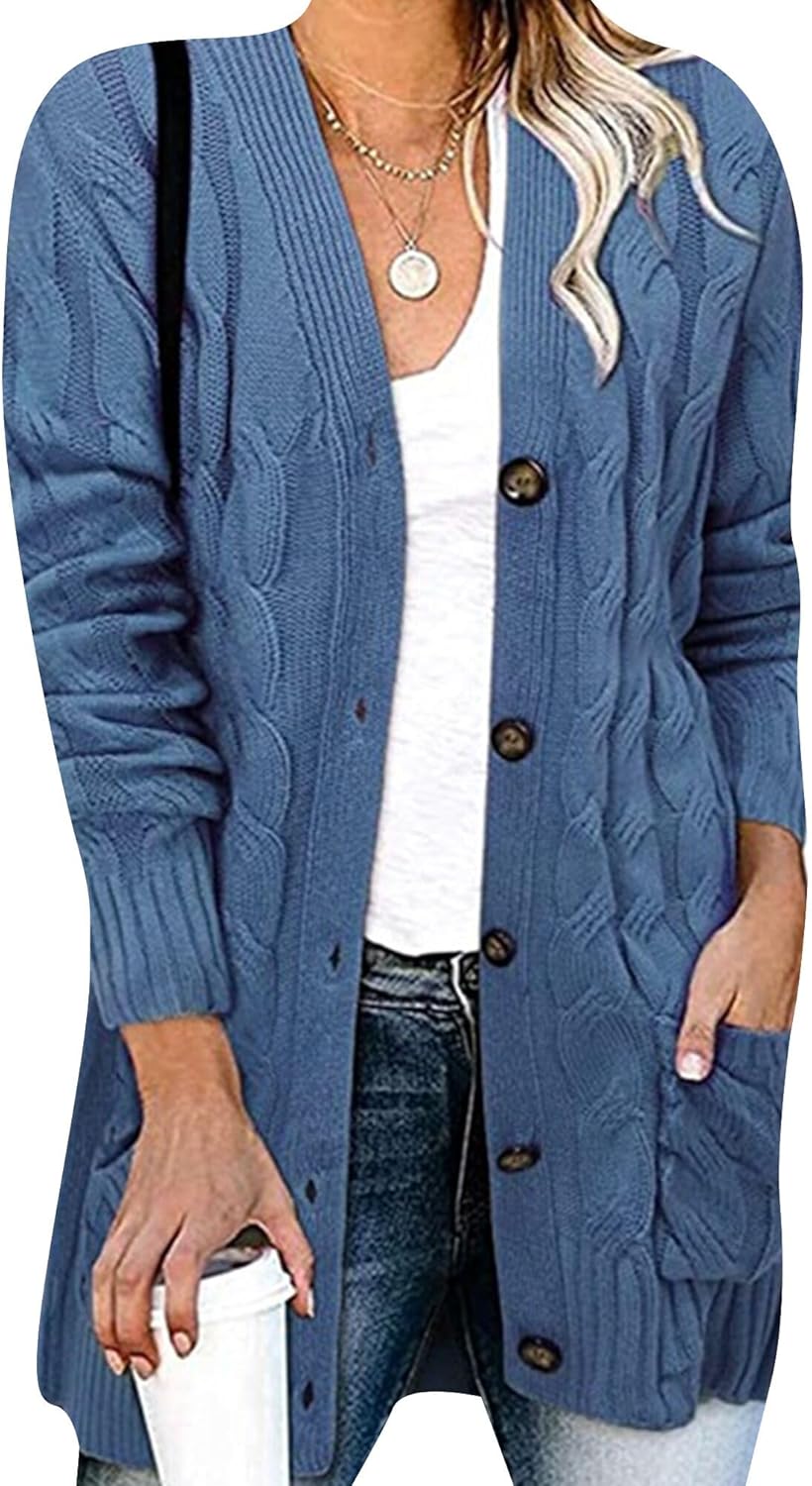 OMZIN Women Daily Cable Knit Plain Cardigan Baggy Button Down Sweater V Neck Autumn Business Coat
