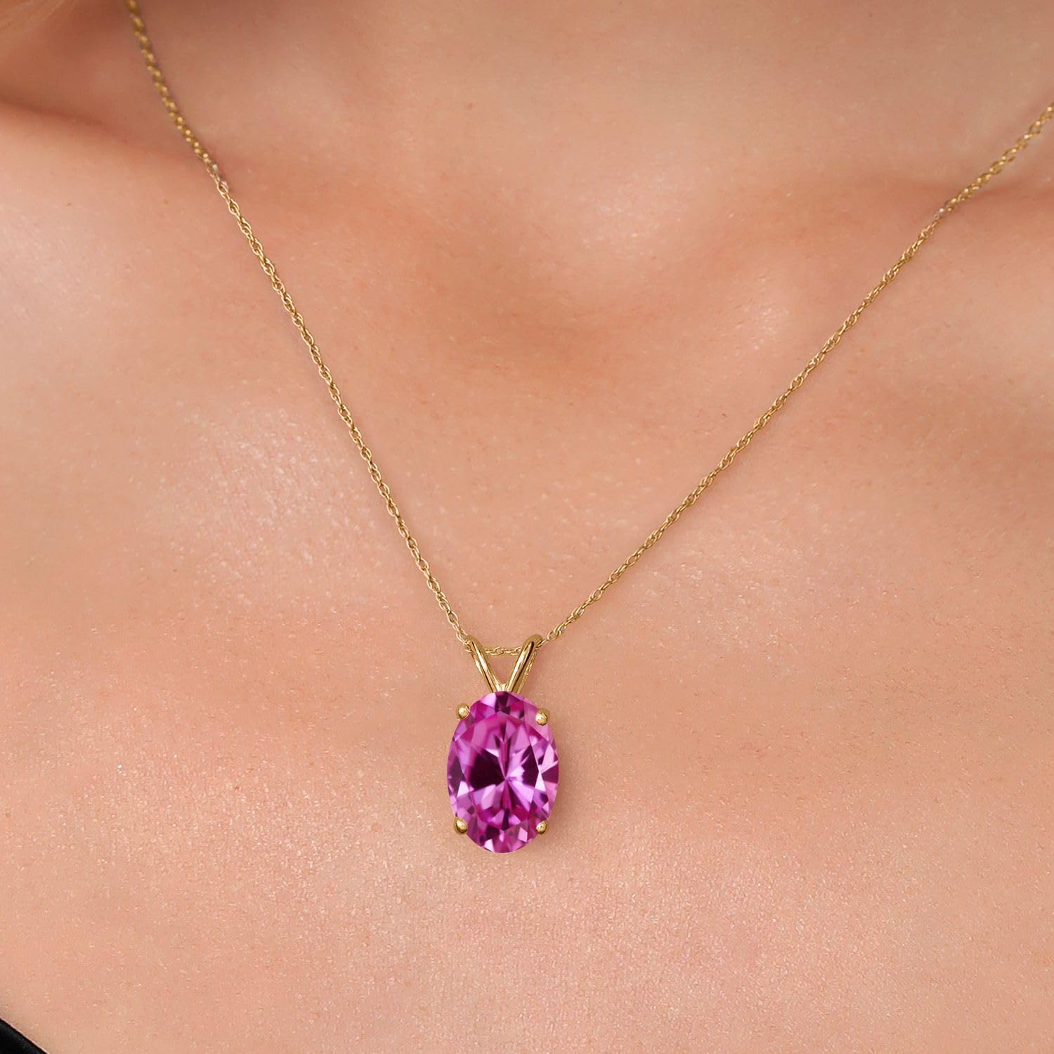 Gem Stone King 14K Yellow Gold Pink Created Sapphire Pendant Necklace for Women | 6.00 Cttw | Gemstone September Birthstone | Oval 14X10MM | With 18 Inch Chain - Image 3