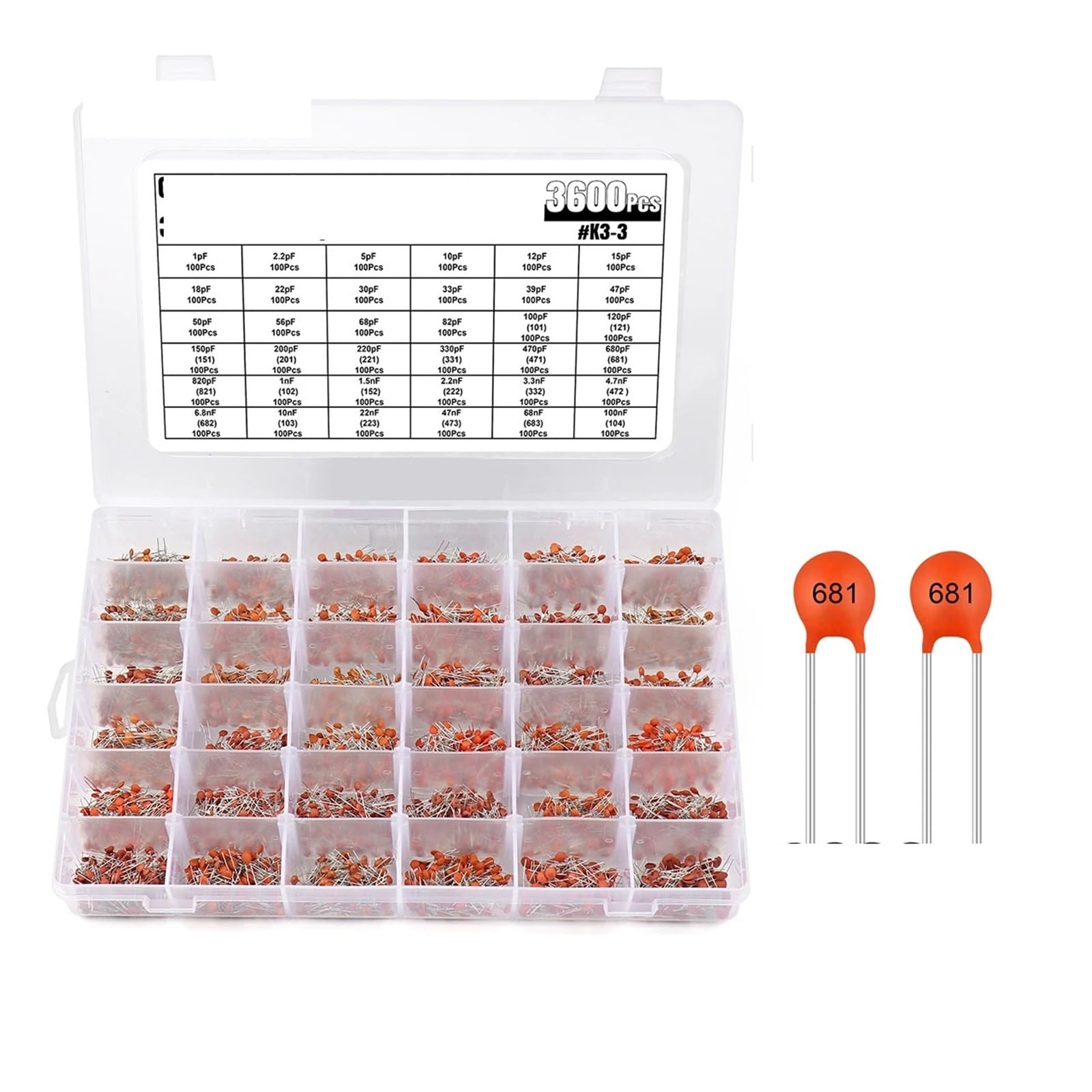 3600Pcs Capacitor Assortment Kit 36Values x 100Pcs 1pF-100nF 50V Disc Ceramic Capacitors Set BIANMTSW