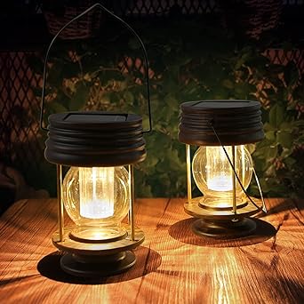 pearlstar Solar Lantern - Hanging Solar Lights Outdoor - 2 Pack Solar Powered Waterproof Led Lanterns Vintage Design for Landscape,Yard,Garden,Pathway,Beach,Pavilion Decoration (Warm Lights)