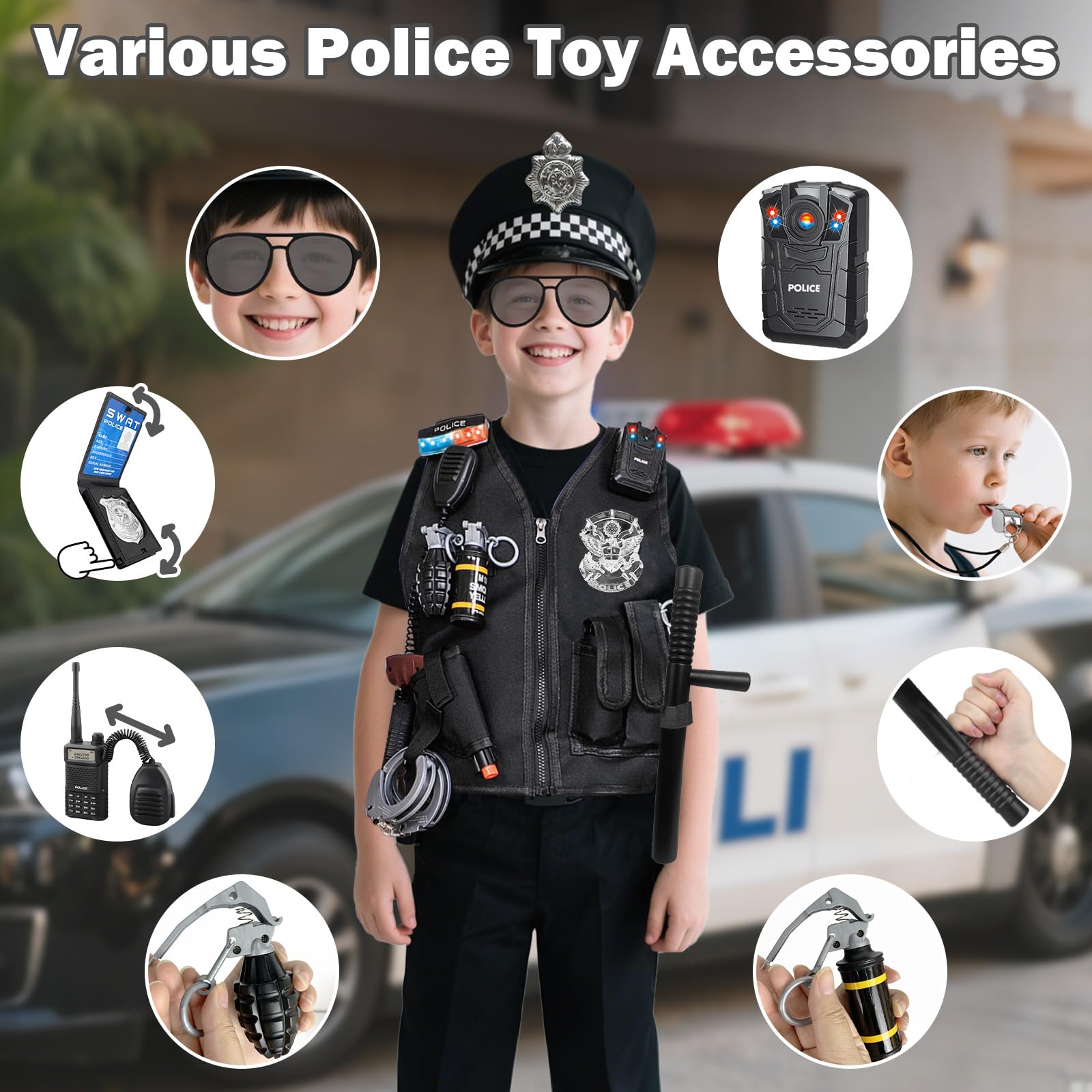 KalaDuck Kids Police Costume Toys, 17PCS Accessories with Hat, Vest, Handcuffs and Toy Gun - Image 4