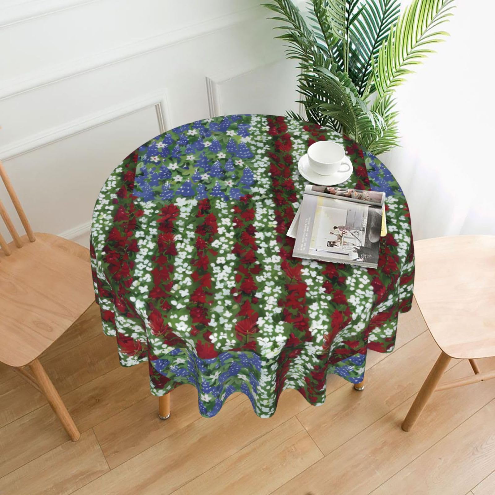 HJFCZH America Patriotic Flower Prints Round Decorative Tablecloth 60in - High-Grade Polyester Throw for Dinners, Weddings & Everyday Use