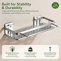Vista 6 de EVALAND Shower Caddy Adhesive 2-Pack with Hooks and Rod for Towels, Silver – Premium Bathroom Shower Shelves, Shampoo Organizer, Bathtub Shelf, Plata
