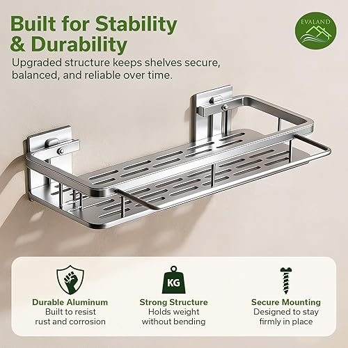 Miniatura 6 de EVALAND Shower Caddy Adhesive 2-Pack with Hooks and Rod for Towels, Silver – Premium Bathroom Shower Shelves, Shampoo Organizer, Bathtub Shelf, Plata