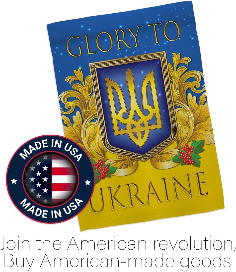 Glory to Ukraine Garden Flag - Set with Stand Support Cause Ukrainian - House Decoration Banner Small Yard Gift Double-Sided Made in USA 13 X 18.5