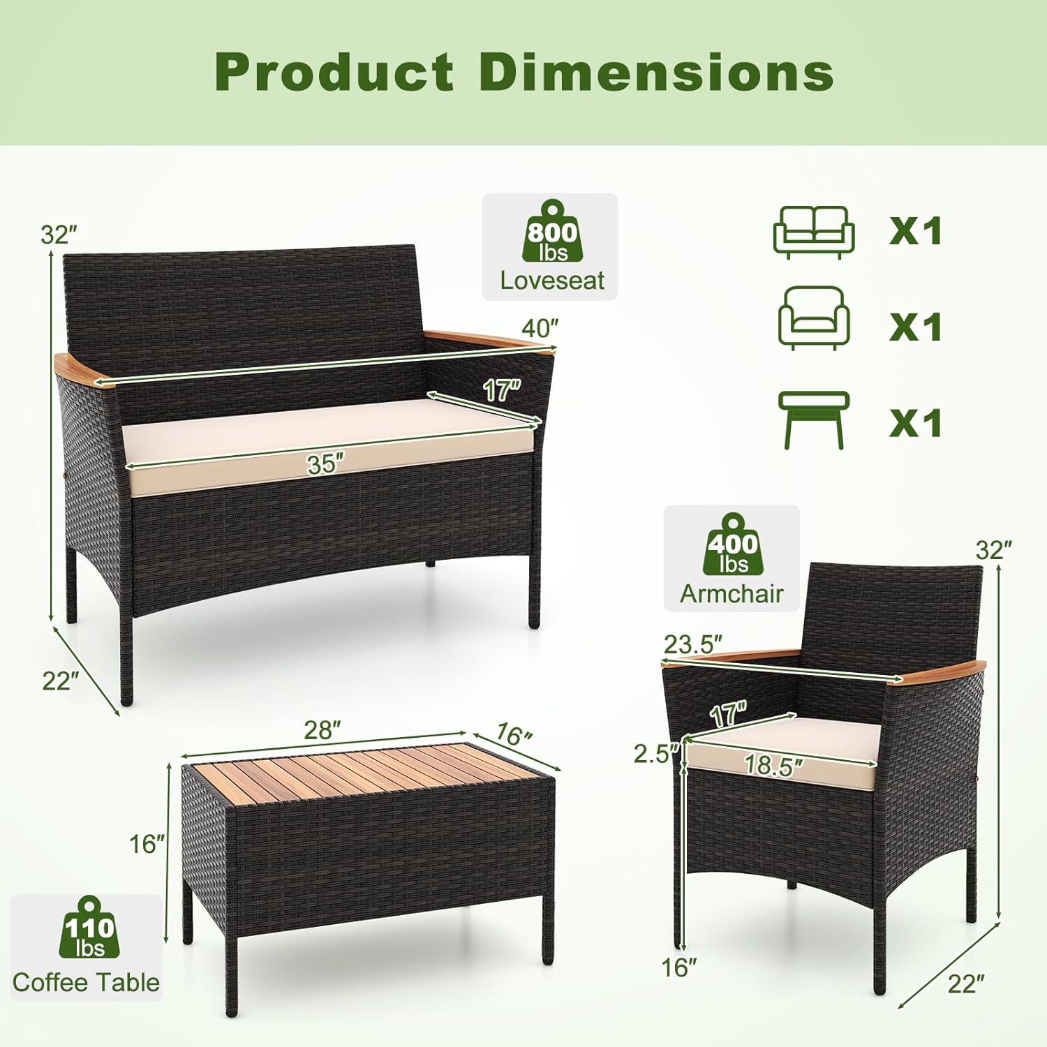 Diagram illustrating the dimensions and weight capacities of the HAPPYGRILL patio furniture set components