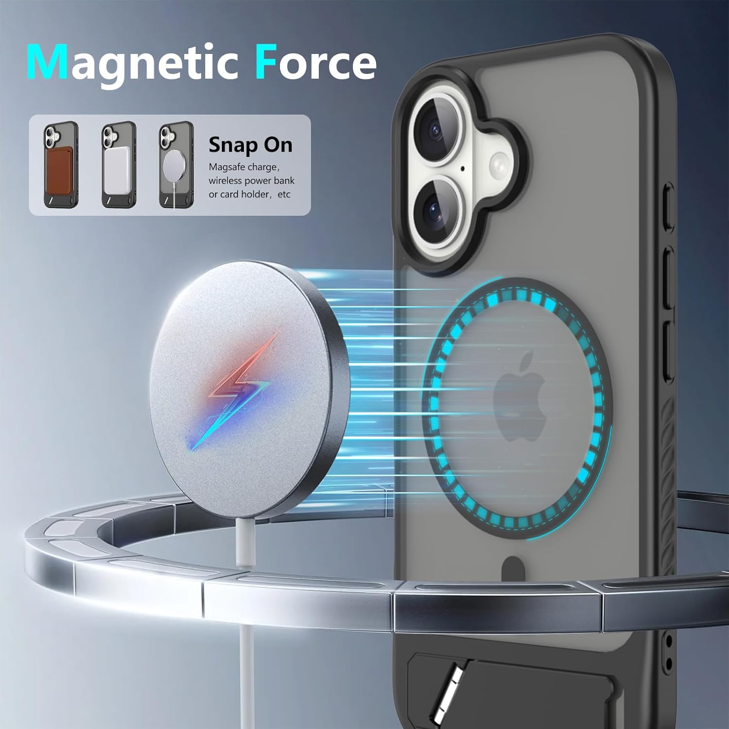 for iPhone 16 case: [fit for Magsafe] Strong Magnetic & Invisible Stand, Military-Grade Drop Protection with Screen Protector, Adjustable Kickstand Slim Frosted Translucent Matte Phone Case, Black - Image 2