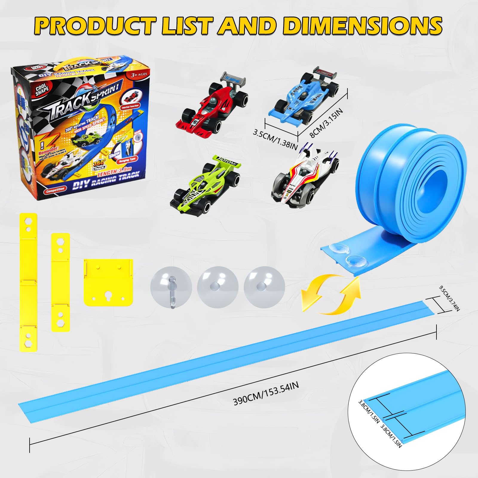 Doloowee Pista de carreras de 3,9 m, pista de carreras flexible con ventosas, autopista DIY con 4 coches, juguete para niños a partir de 3 años