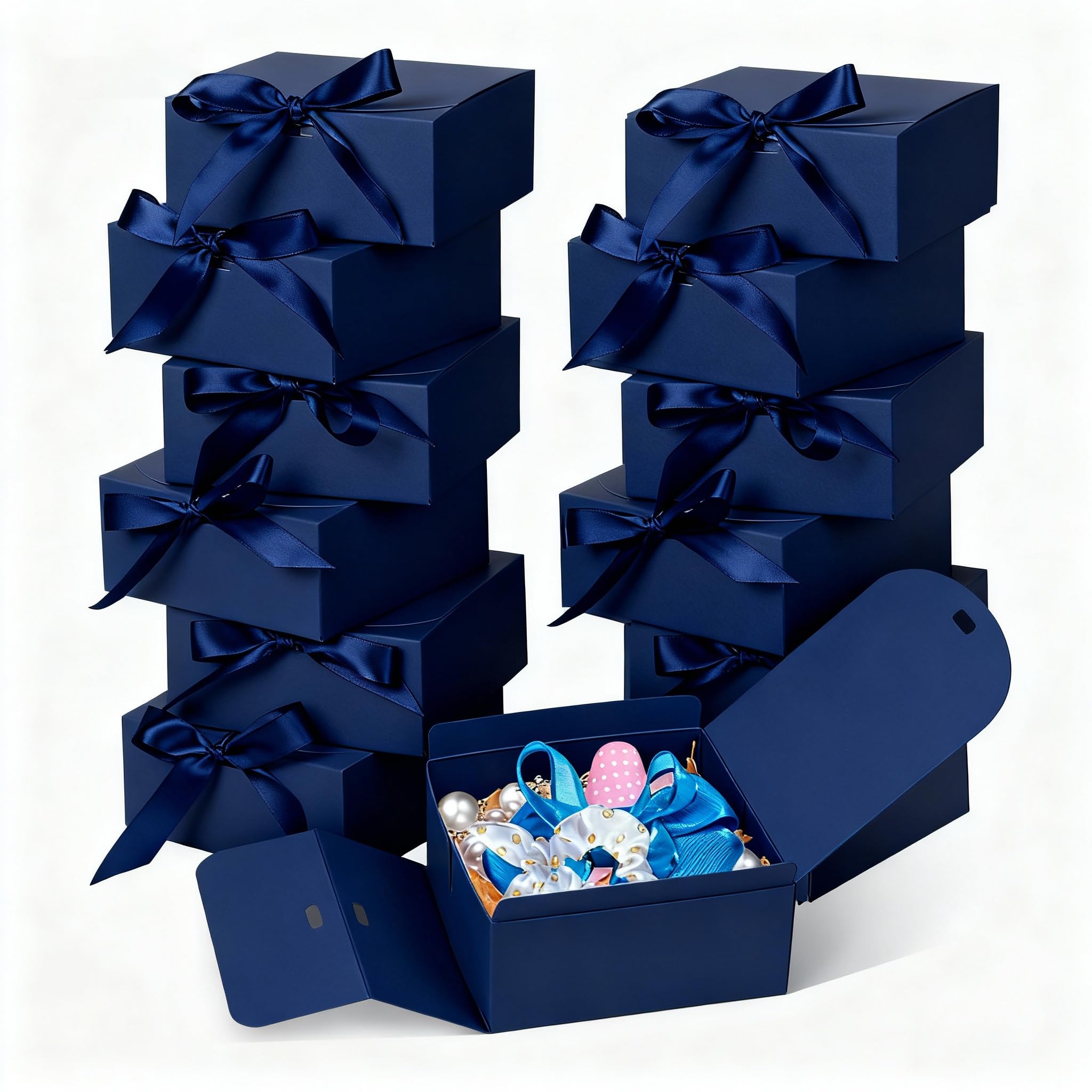 WLUSEAXI 12pack Small Gift Boxes with Lids for Presents, 4.5''x4.5''x2'' Blue Gift Boxes with Ribbons, Party Boxes for Packaging Wedding, Present, Birthday, Holiday, Galentine's Day(Blue)