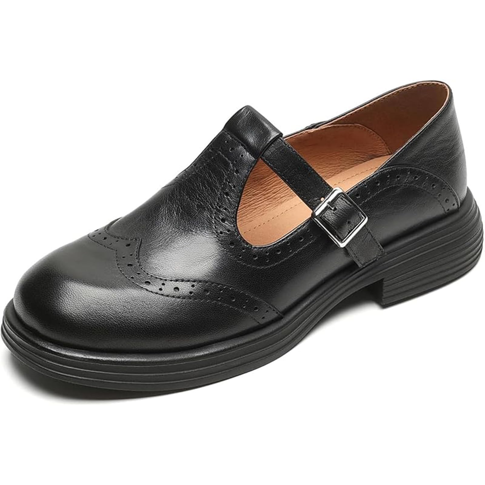 Womens Oxford Shoes Wingtip Brogue Soft Leather Classic Loafers Low Heel Round Toe Business Office Formal Shoes