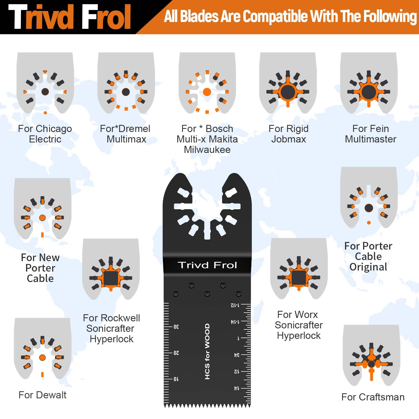 Trivd Frol Paquete de 121 hojas de sierra oscilantes, cuchillas oscilantes de titanio con papel de lija, cuchillas multiherramienta bimetálicas para madera, metal, plásticos, liberación rápida,
