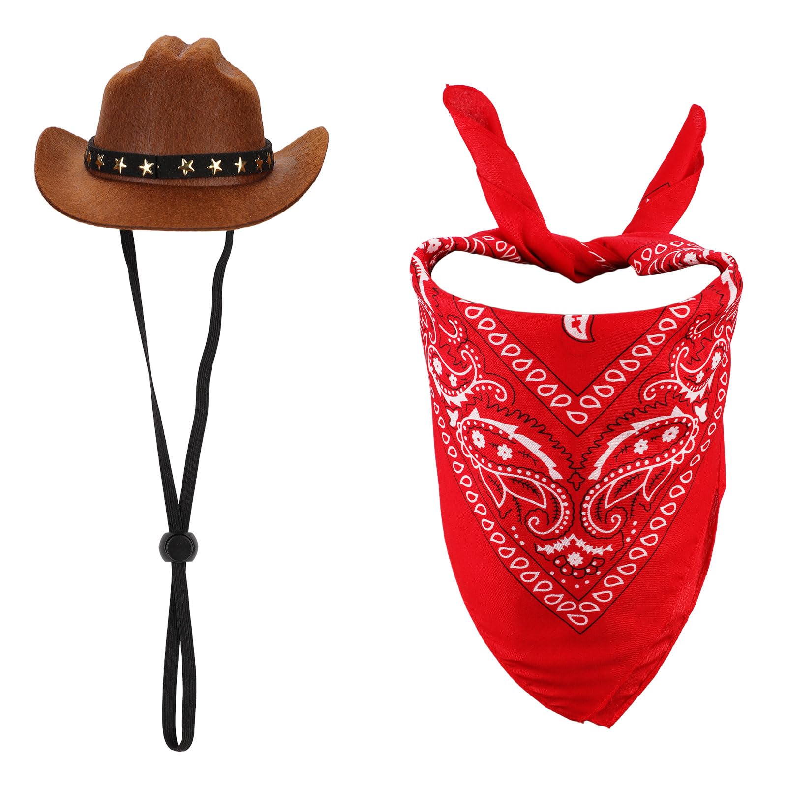 Pet Cowboy Costume, Dog Cowboy Costume Dog Cowboy Hat & Dog Bandana Scarf Dog Halloween Costumes Outfit Accessories for Small Cats Dogs Pets (Brown, Red)