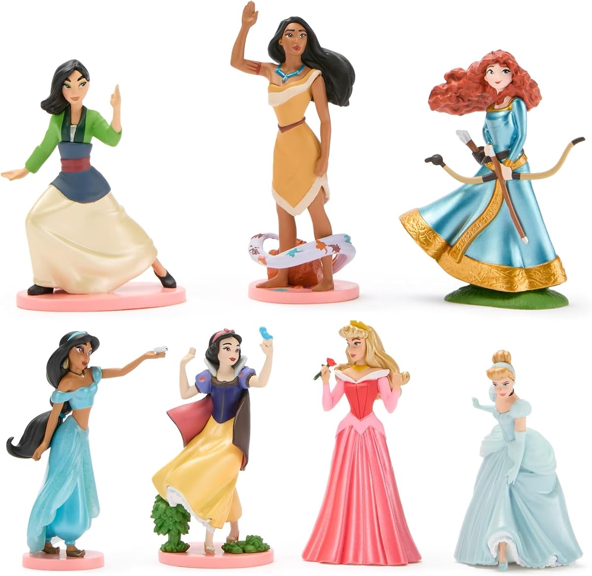 Juego de figuras de princesas oficiales de Disney Store: 7 figuras de Disney completamente esculpidas, incluidas Cenicienta, Mulan, Jasmine y más, en una caja de dos niveles con fondos escénicos