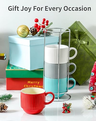 Vista 19 de Hasense Juego de 4 tazas de café de cerámica con soporte, 15 onzas, apilables, grandes, de porcelana, acanaladas, para capuchino, té, cacao