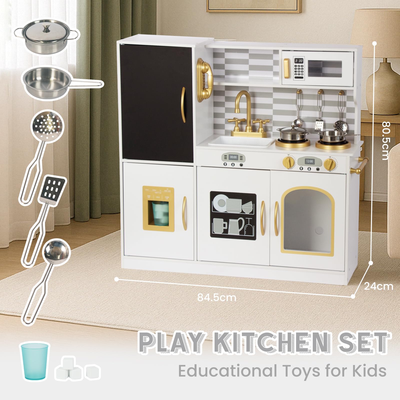 WOODENFUN Kinderküche Holz Spielküche für Kinder mit Blackboard, Telefon, Topf, Topfschaufel, Geschenk küche Kinder ab 3 Jahre(Milchweiß)
