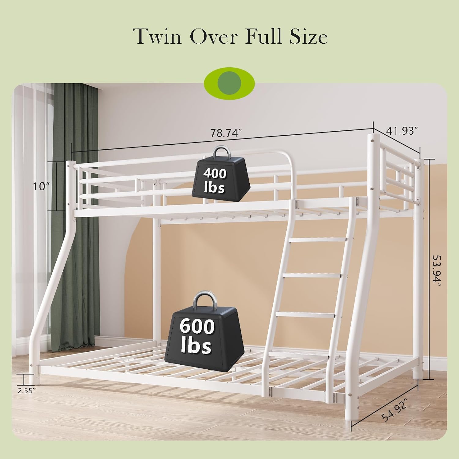 Metal Bunk Bed, Twin Over Full Bunk Bed with Safety Guardrail and Ladder, Bunk Beds Twin Over Full Size(White)