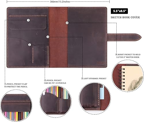 Miniatura 17 de Robrasim Funda de cuero hecha a mano para cuaderno de bocetos de 5.5 x 8.5 pulgadas, cuaderno de dibujo y estuche para lápices, cartera de cuadernos