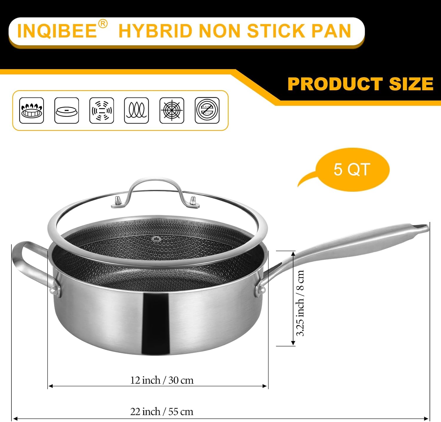 Inqibee 5 QT Hybrid Nonstick Saute Pan with Lid, Long Handle Tri-Ply Stainless Steel Skillet, 12 Inch Deep Frying Pan, PFOA & PFOS Free, Induction Compatible, All Cooktops, Oven & Dishwasher Safe
