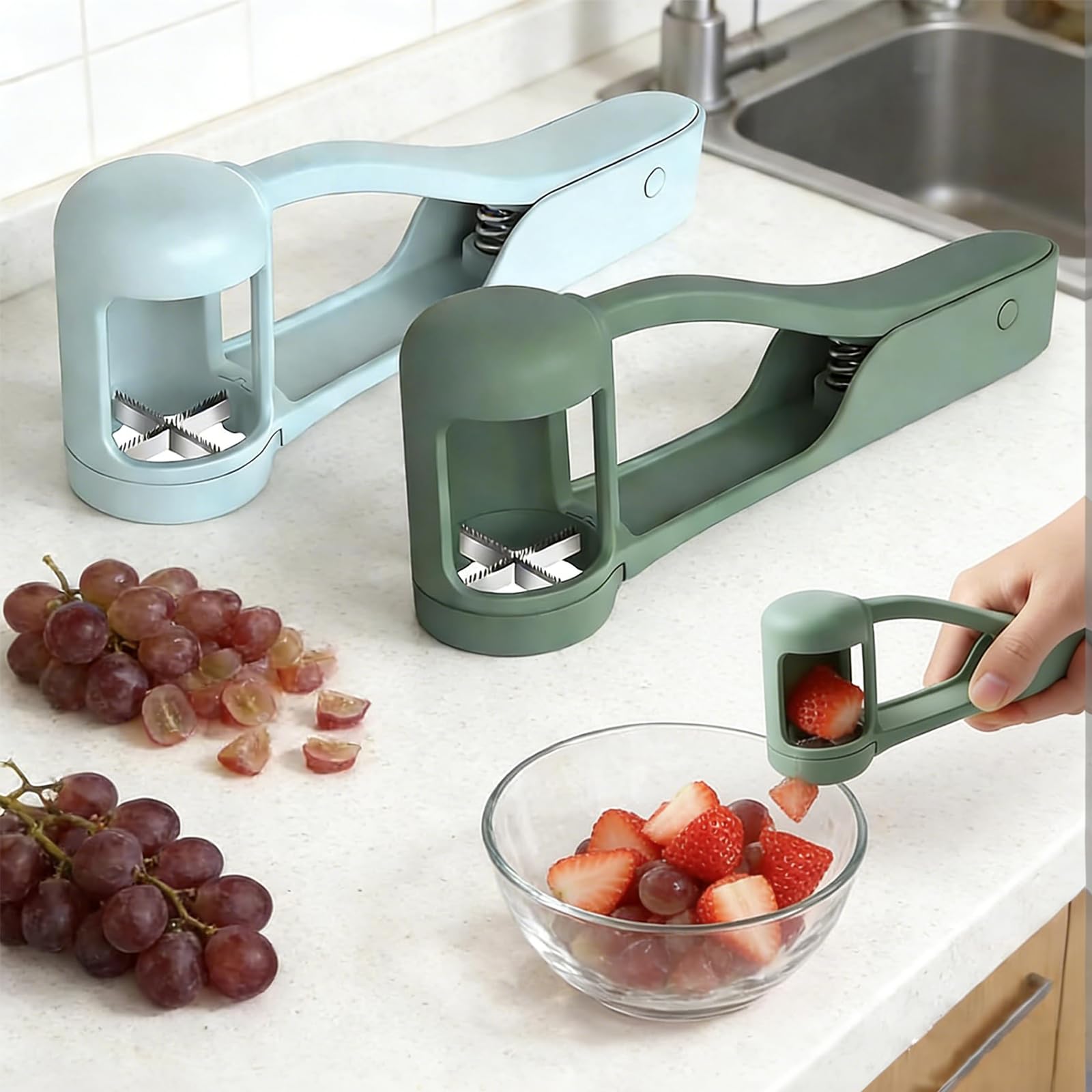 2 Pcs Grape Cutter Set Grape Slicer Vibrant Blue Green Fruit Cutter Easy Kitchen Tool for Toddlers Safe Grape Cutter for Toddlers Effortless & Fruit Slicer for Healthy Snacks