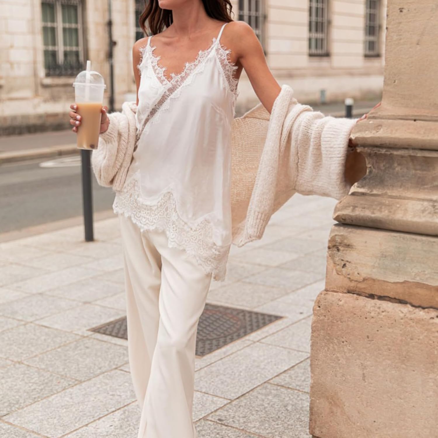 Womens Lace Trim Satin Long Camisole Y2k V Neck Sleeveless Spaghetti Strap Going Out Tank Top - Image 5