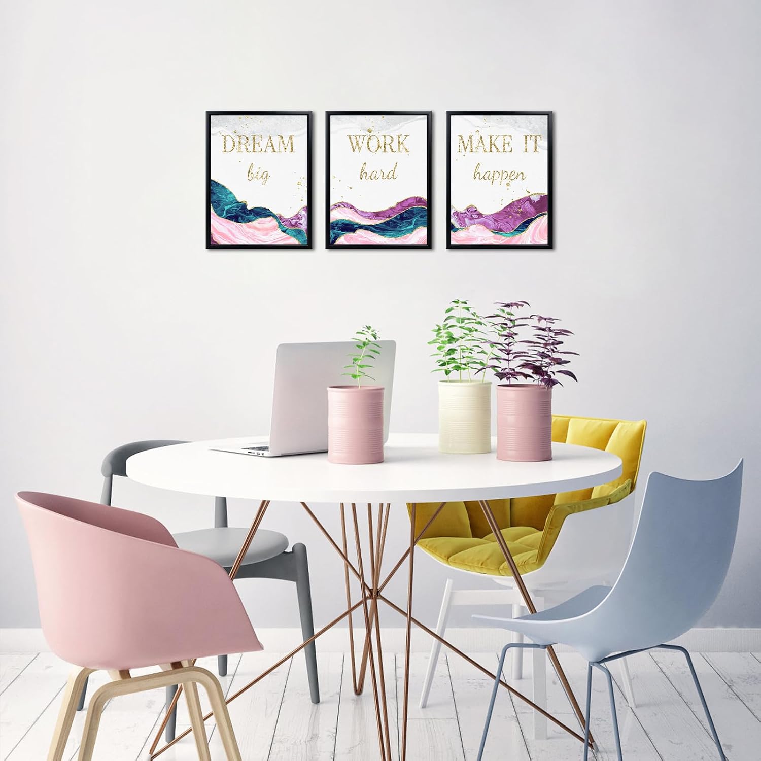 LevvArts Motivational Office Decor Dream Big Work Hard Make It Happen Inspirational Quotes Wall Art Prints Blue and Gold Artwork (Pink)