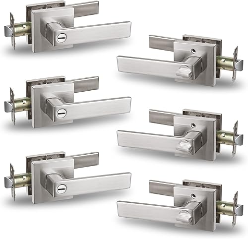 USHTL01-SN-BK-6P - Manija cuadrada de privacidad para puerta de níquel cepillado sin llaves para dormitorio o baño, USHTL01-SN-BK-6P