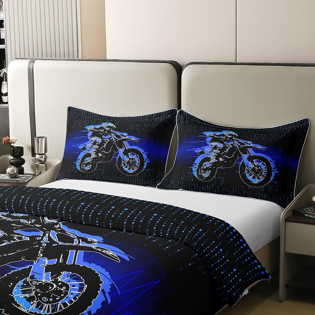 Motocyklowy zestaw pościeli w 100% z bawełny, niebieska poszewka na kołdrę dla dzieci, chłopców, dziewcząt, zestaw na łóżko crossowe, sporty ekstremalne poszewka na kołdrę z 1 poszewką na poduszkę